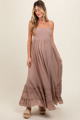 Taupe Smocked Halter Cutout Maternity Maxi Dress