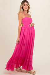 Pink Smocked Halter Cutout Maternity Maxi Dress
