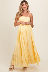 Yellow Smocked Halter Cutout Maternity Maxi Dress