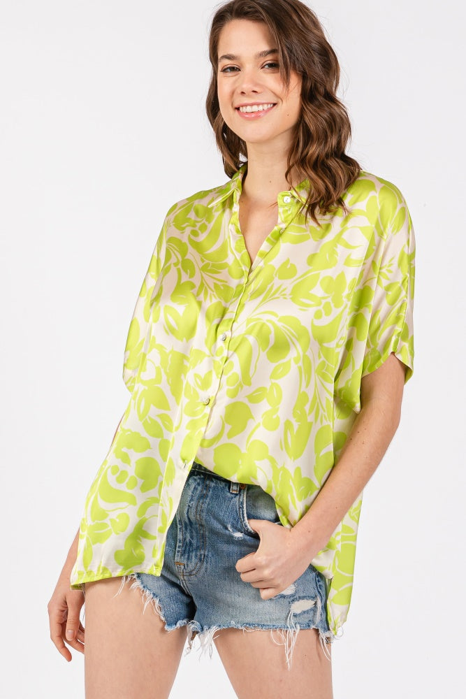 Lime Floral Button Down Maternity Blouse