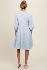 Light Blue Floral Embroidered Collared Button Down Maternity Dress