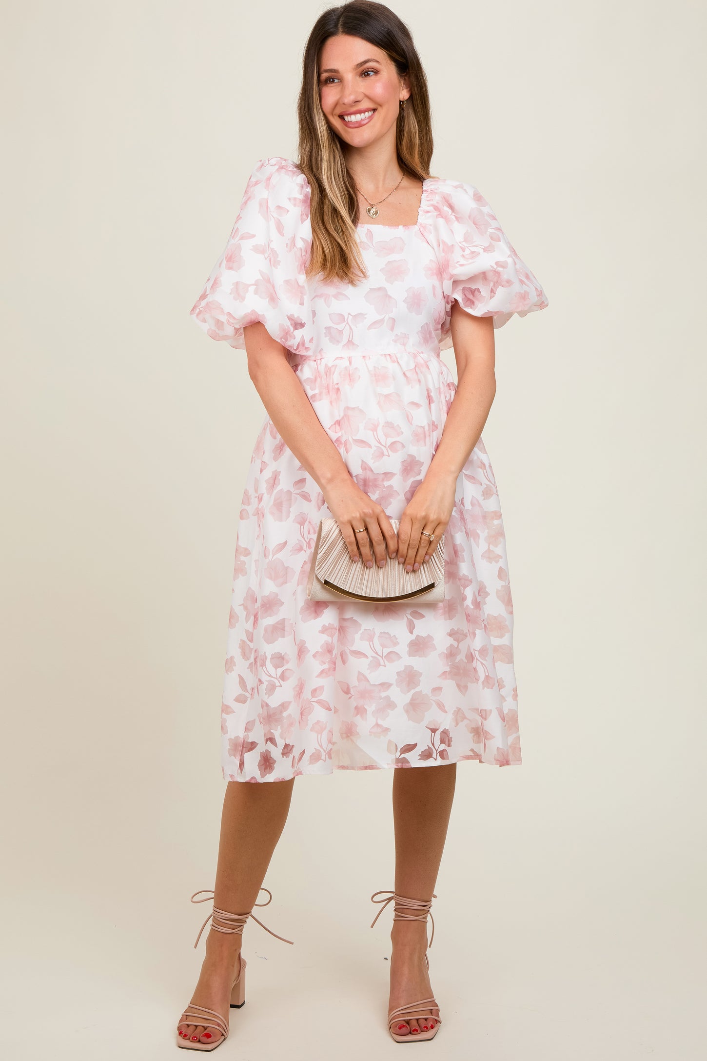 Pink Floral Puff Sleeve Maternity Dress