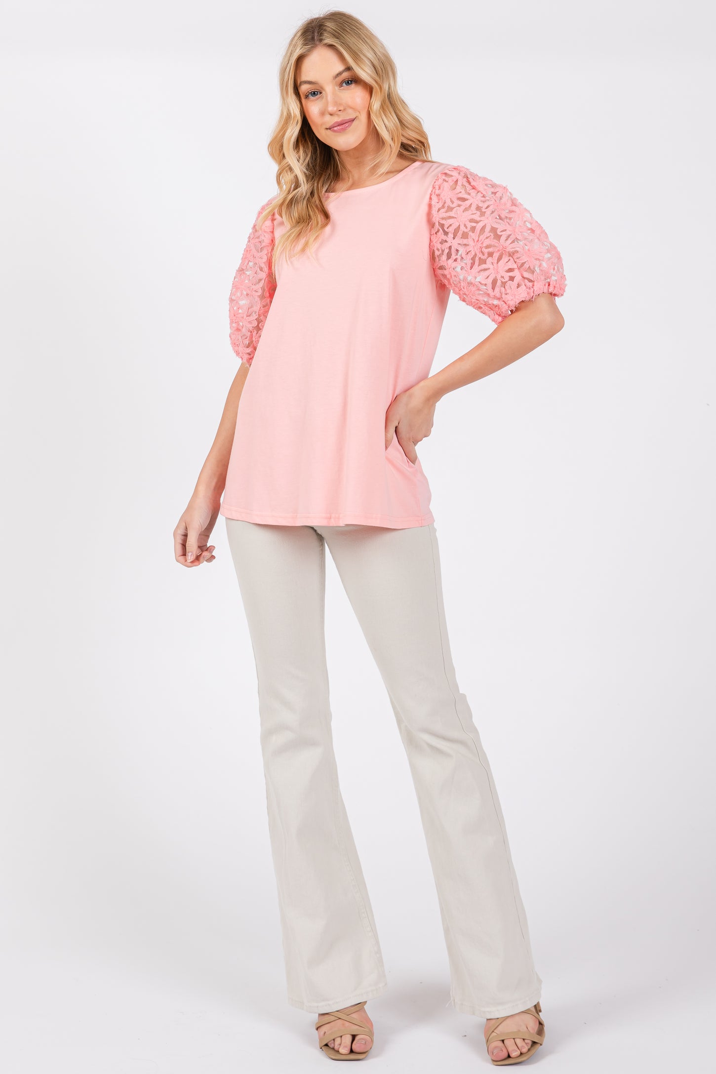 Light Pink Floral Mesh Sleeve Blouse