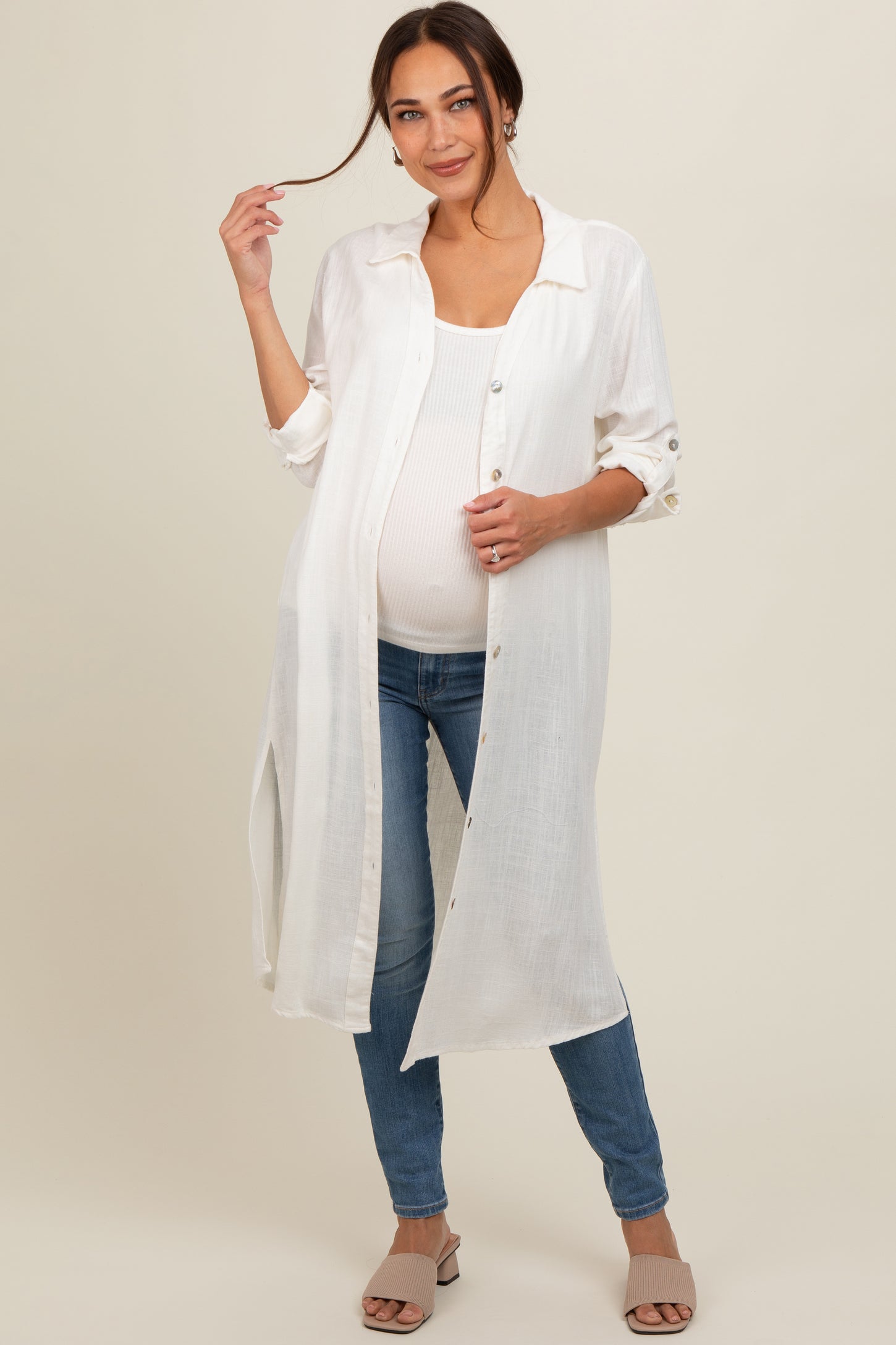 White Collared Button Down Long Maternity Blouse