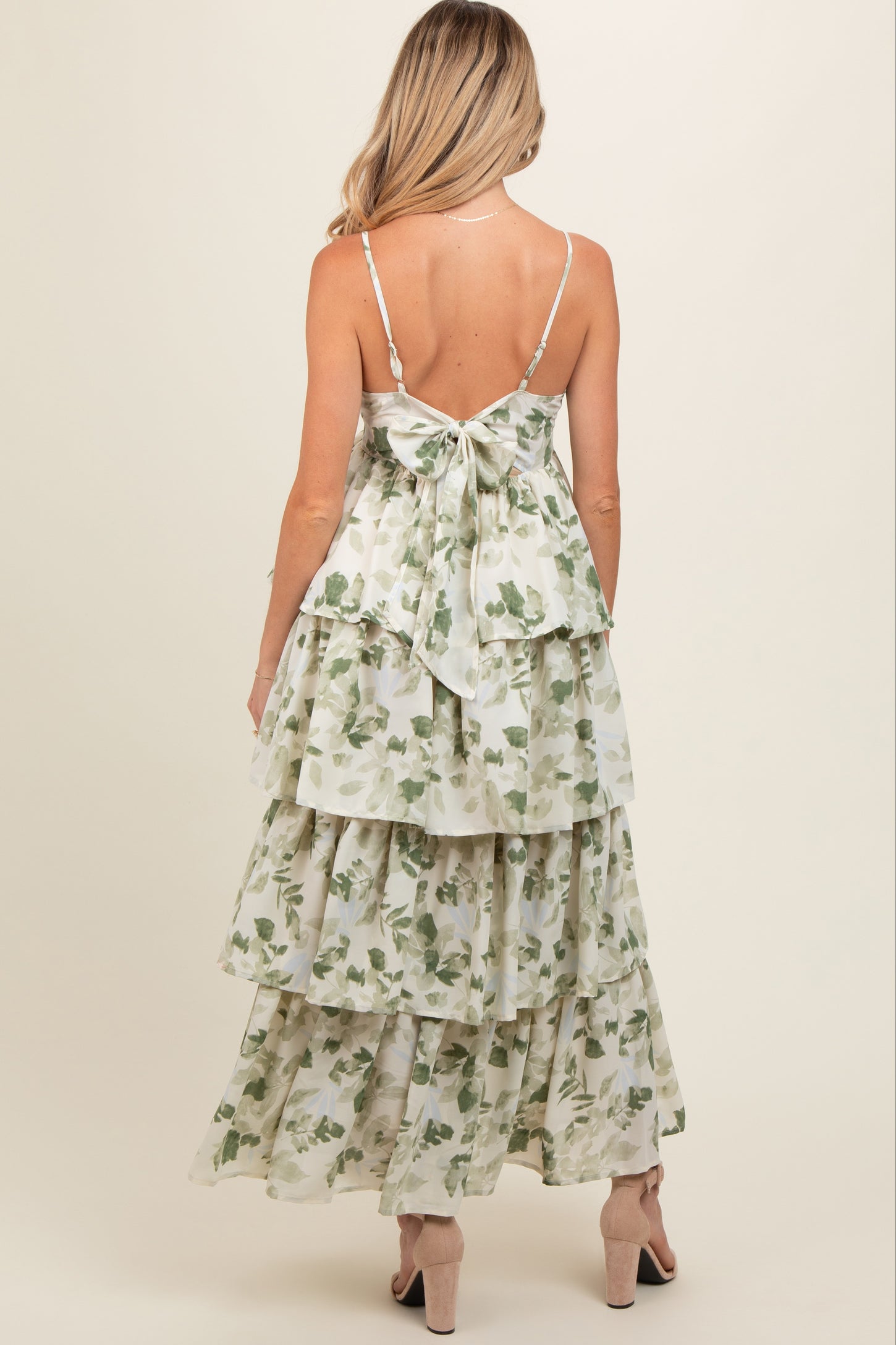 Olive Leaf Print Square Neck Cut-Out Back Ruffle Tiered Maternity Midi Dress