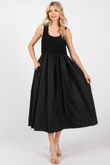 Black Textured Scoop Neck Sleeveless Midi Dress
