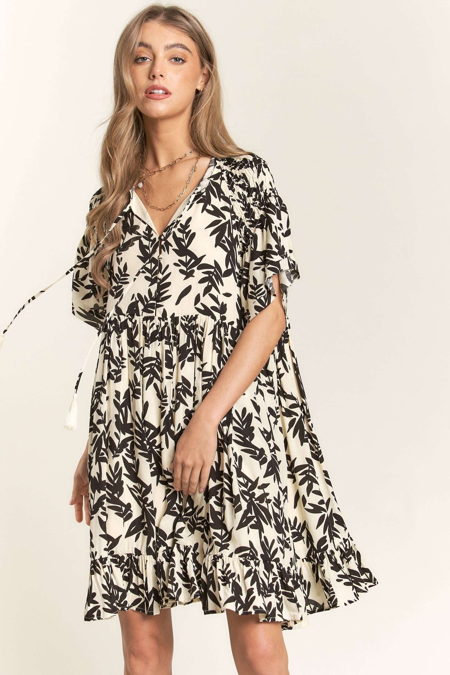 Ivory Button Down Pleated Leaf Print Maternity Dress