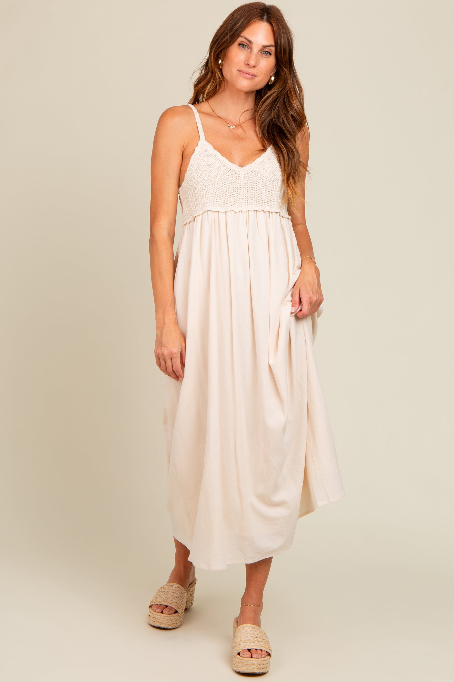 Cream V-Neck Crochet Top Midi Dress