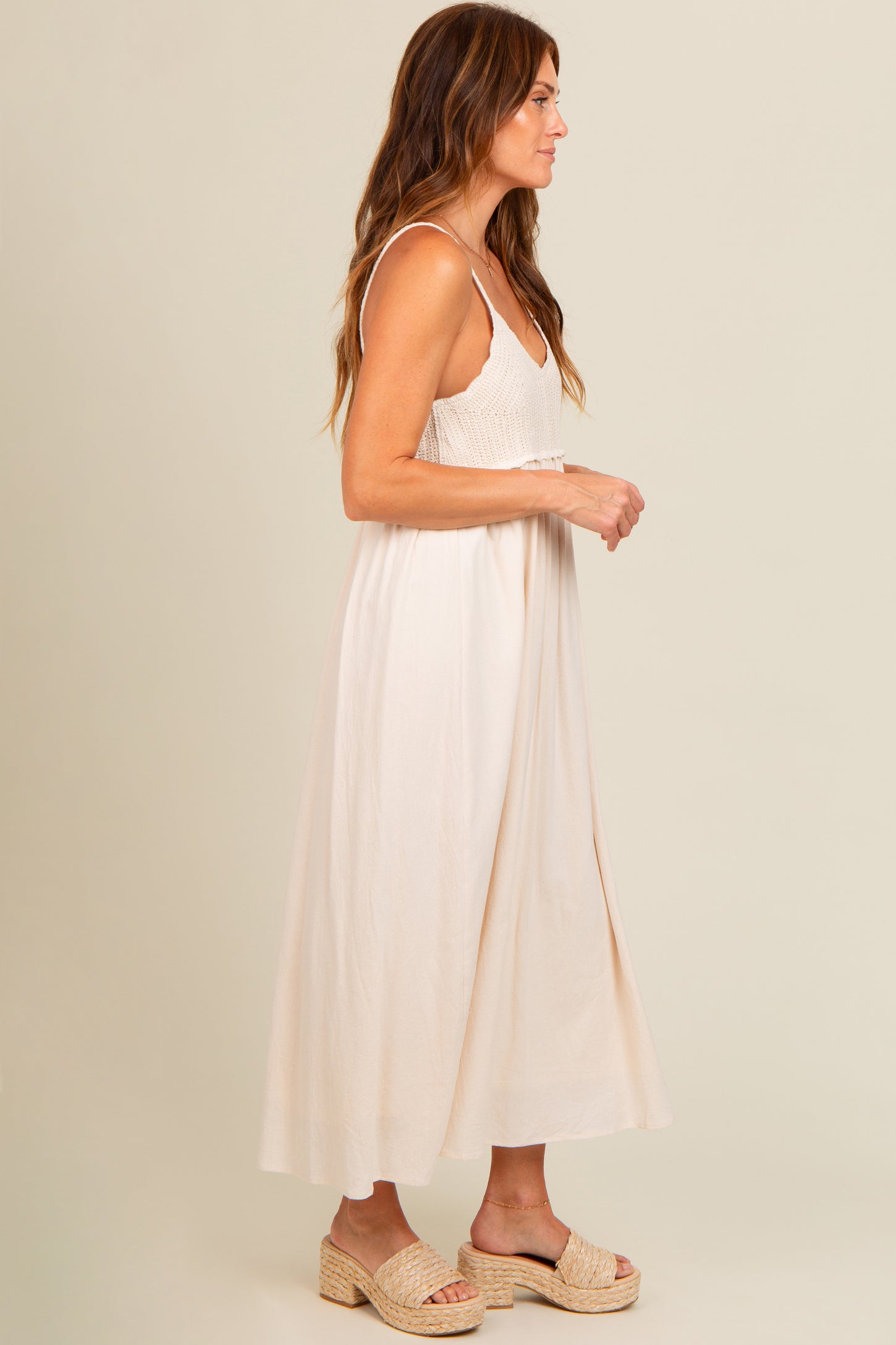 Cream V-Neck Crochet Top Midi Dress