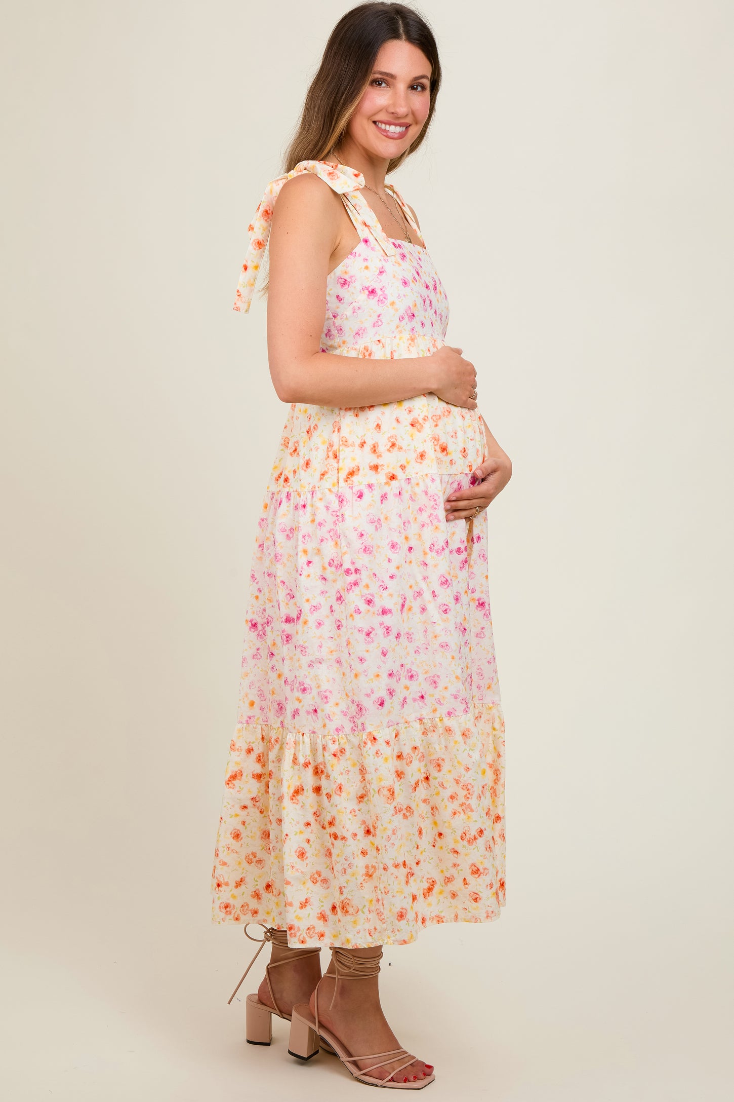 Multi-Color Floral Square Neck Shoulder Tie Tiered Maternity Midi Dress