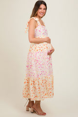 Multi-Color Floral Square Neck Shoulder Tie Tiered Maternity Midi Dress