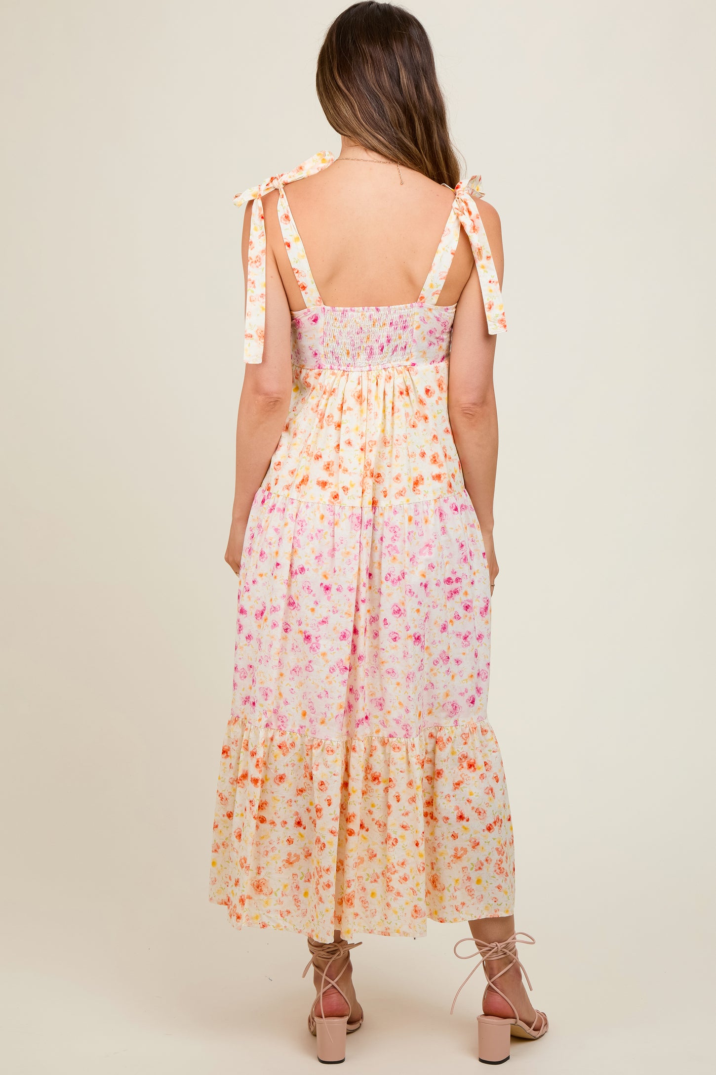 Multi-Color Floral Square Neck Shoulder Tie Tiered Maternity Midi Dress