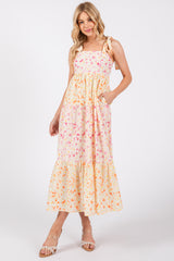 Multi-Color Floral Square Neck Shoulder Tie Tiered Midi Dress