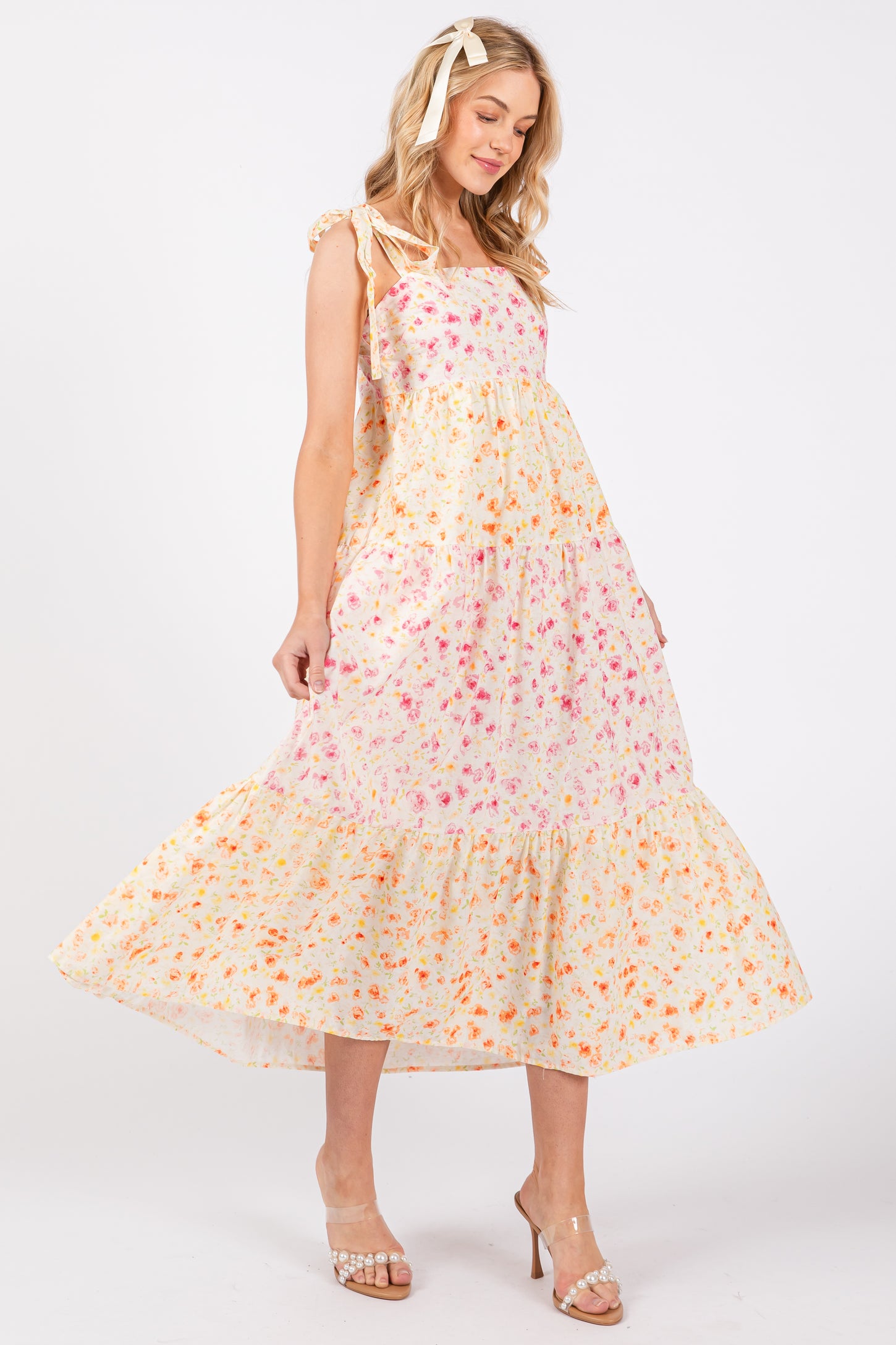 Multi-Color Floral Square Neck Shoulder Tie Tiered Midi Dress