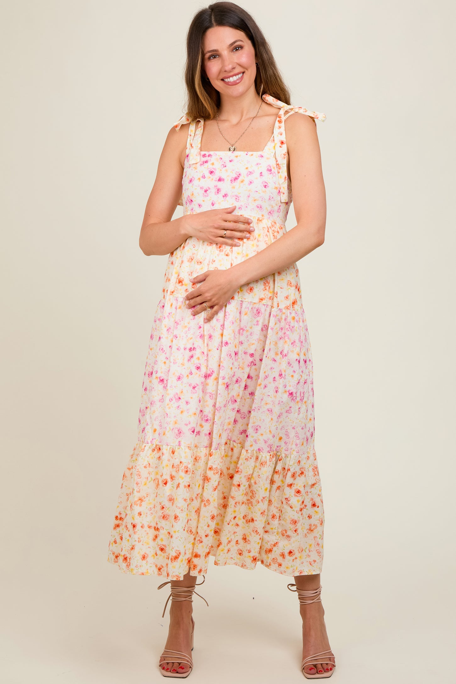 Multi-Color Floral Square Neck Shoulder Tie Tiered Maternity Midi Dress