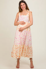 Multi-Color Floral Square Neck Shoulder Tie Tiered Maternity Midi Dress