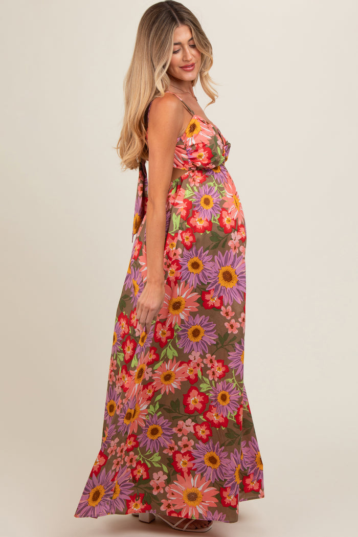 Olive Floral Cutout V-Neck Maternity Maxi Dress