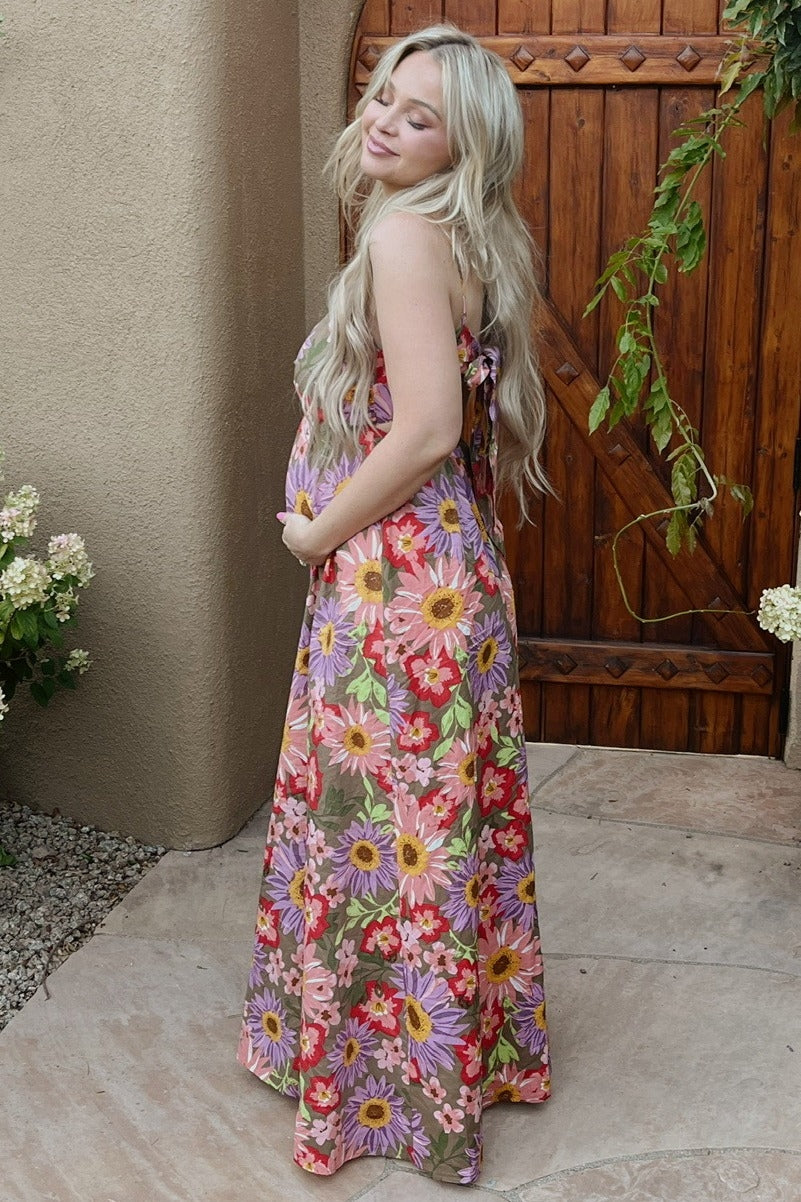 Olive Floral Cutout V-Neck Maternity Maxi Dress