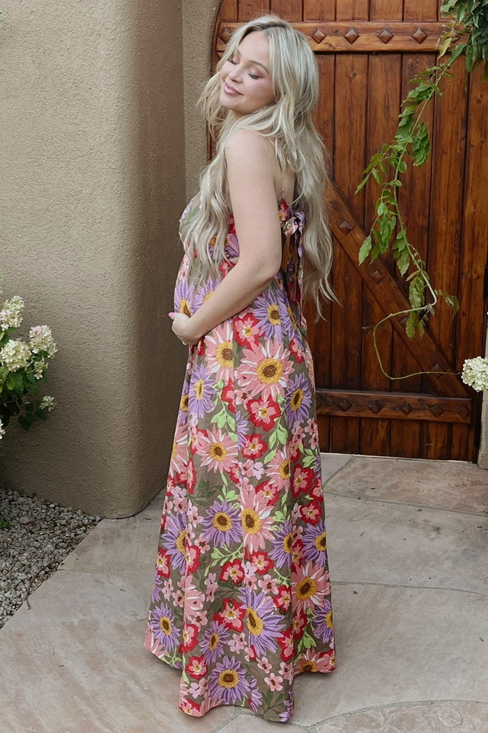 Olive Floral Cutout V-Neck Maternity Maxi Dress