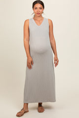 Grey Sleeveless Ribbed Maternity Maxi Dress
