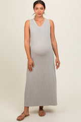 Grey Sleeveless Ribbed Maternity Maxi Dress
