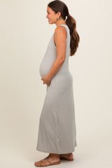 Grey Sleeveless Ribbed Maternity Maxi Dress