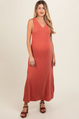 Rust Sleeveless Ribbed Maternity Maxi Dress
