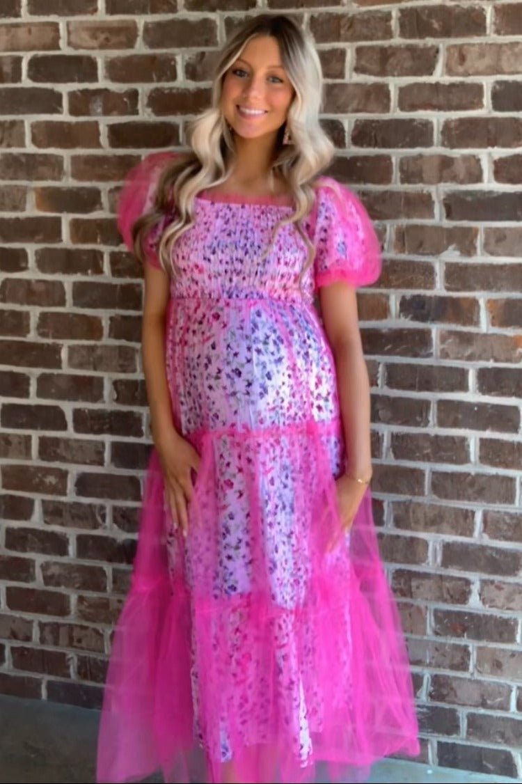 Magenta Floral Lined Smocked Tulle Maternity Midi Dress