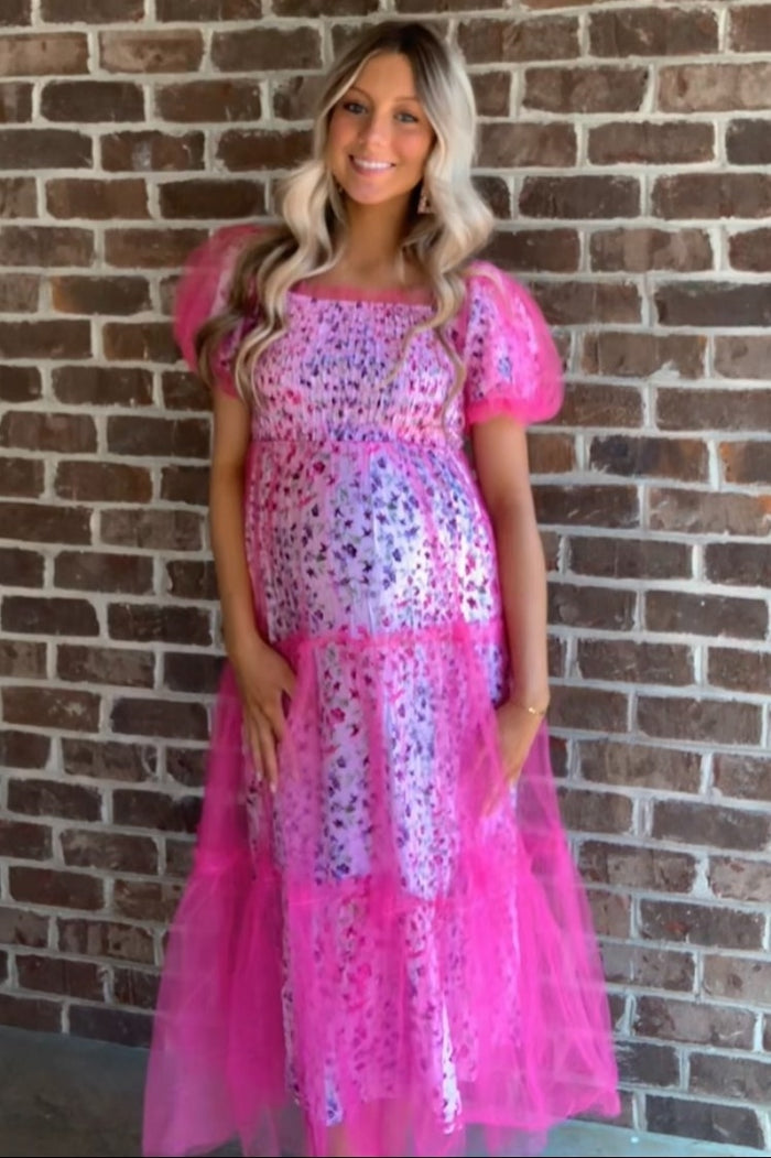 Magenta Floral Lined Smocked Tulle Maternity Midi Dress