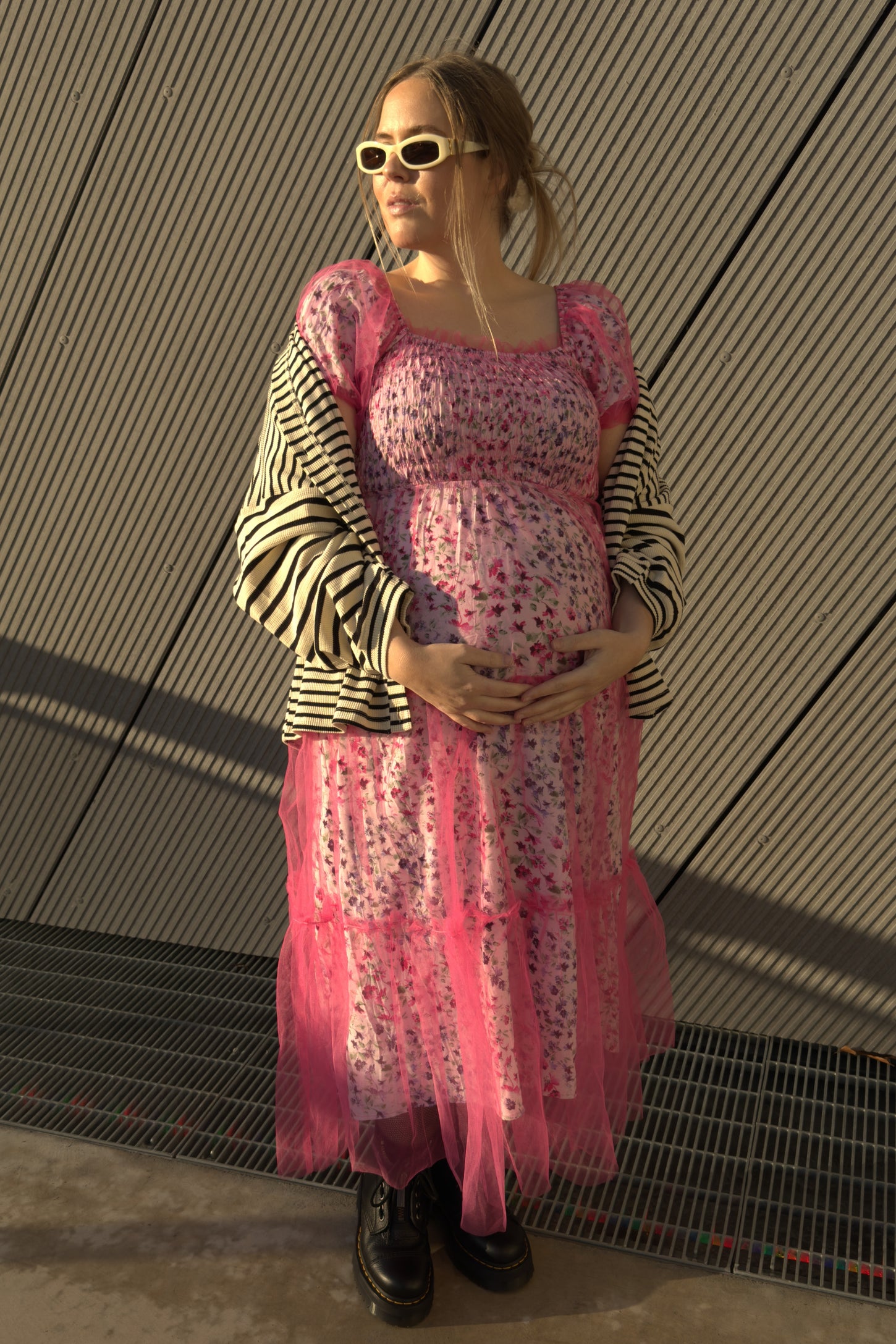 Magenta Floral Lined Smocked Tulle Maternity Midi Dress