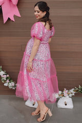 Magenta Floral Lined Smocked Tulle Maternity Midi Dress