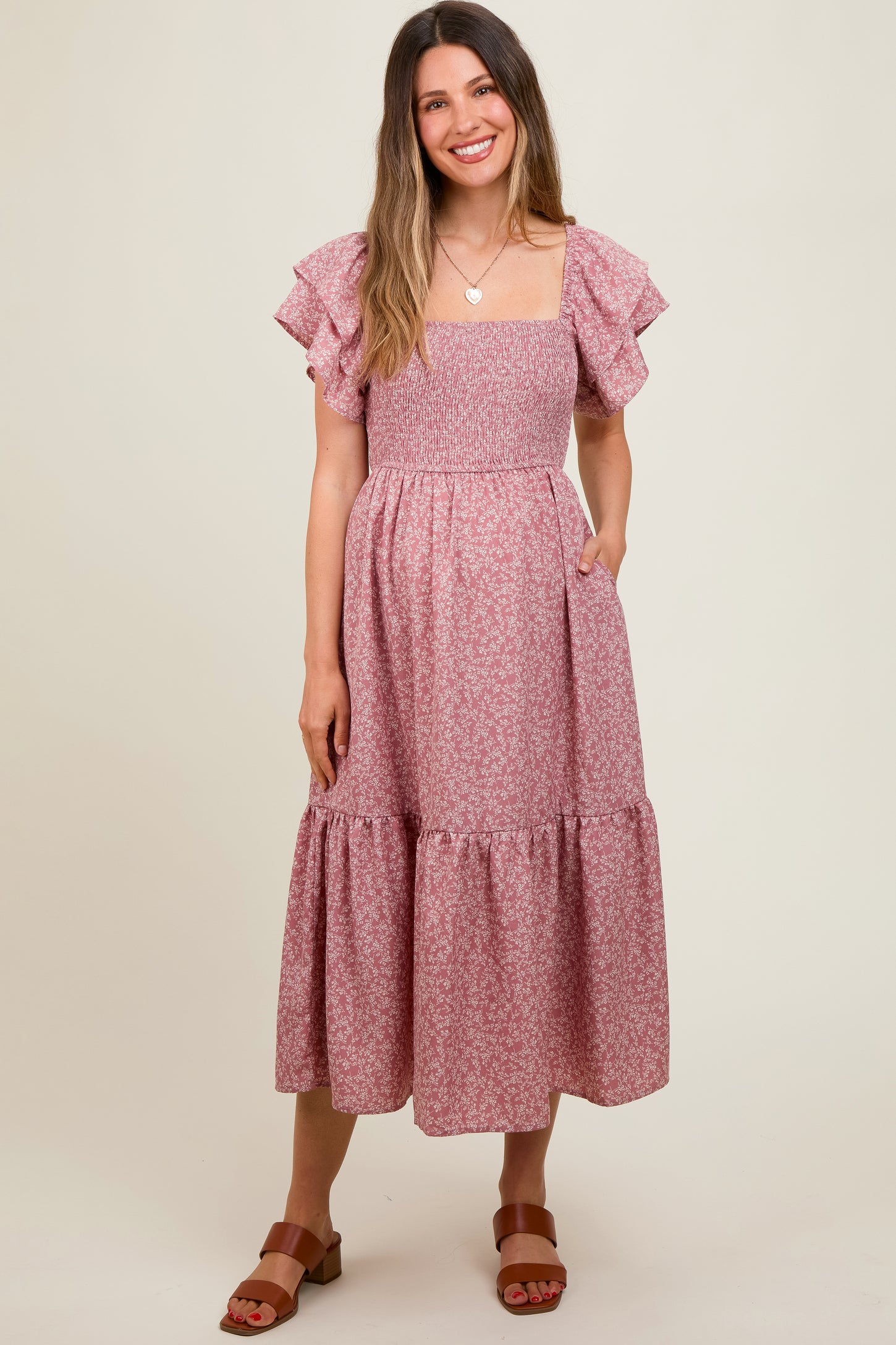 Mauve Floral Flutter Sleeve Tiered Maternity Dress