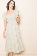 Cream Floral Flutter Sleeve Tiered Maternity Dress