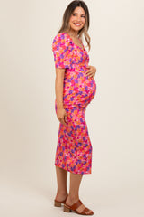 Fuchsia Floral Ruffle Sweetheart Fitted Maternity Midi Dress