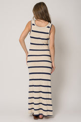 Navy Blue Striped Sleeveless Knit Maxi Dress