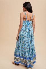 Blue Floral Border Print Lace Up Back Maxi Dress