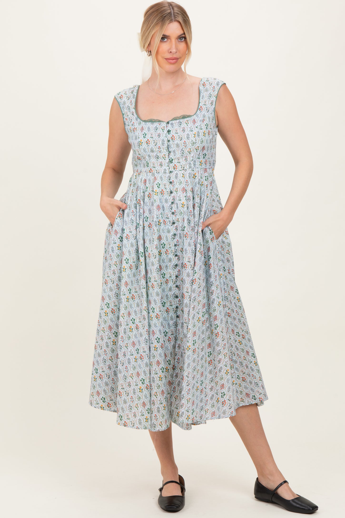 Light Blue Floral Button Front Sleeveless Maxi Dress