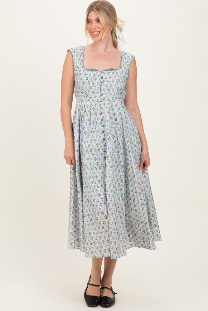 Light Blue Floral Button Front Sleeveless Maxi Dress