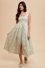 Cream Floral Button Front Sleeveless Maxi Dress