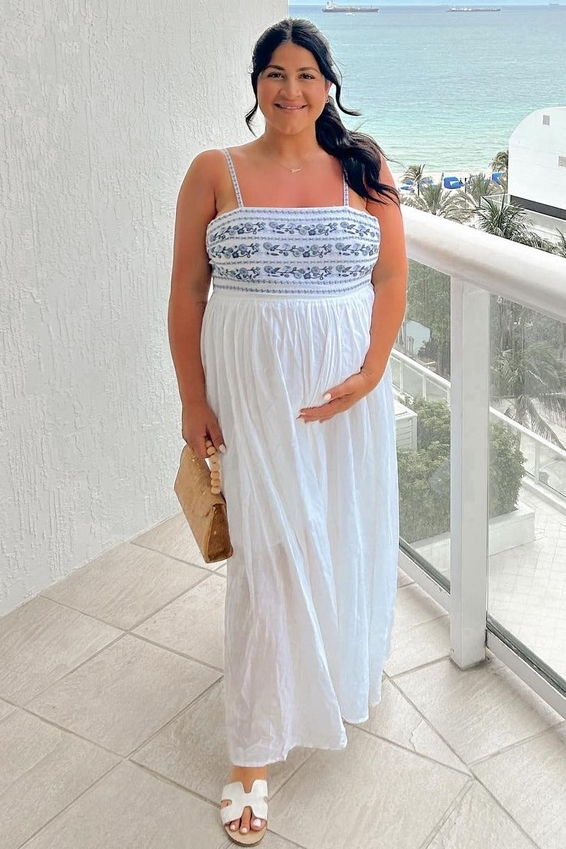 Navy Blue Floral Embroidered Lace-Up Back Maternity Maxi Dress