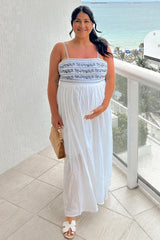 Navy Blue Floral Embroidered Lace-Up Back Maternity Maxi Dress