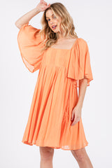 Orange Square Neck Pleated Flutter Short Sleeve Maternity Dress