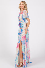 Blue Multicolor Floral Side Slit Wrap Maxi Dress