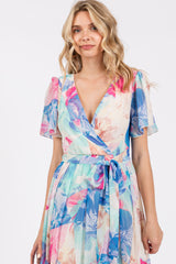 Blue Multicolor Floral Side Slit Wrap Maxi Dress