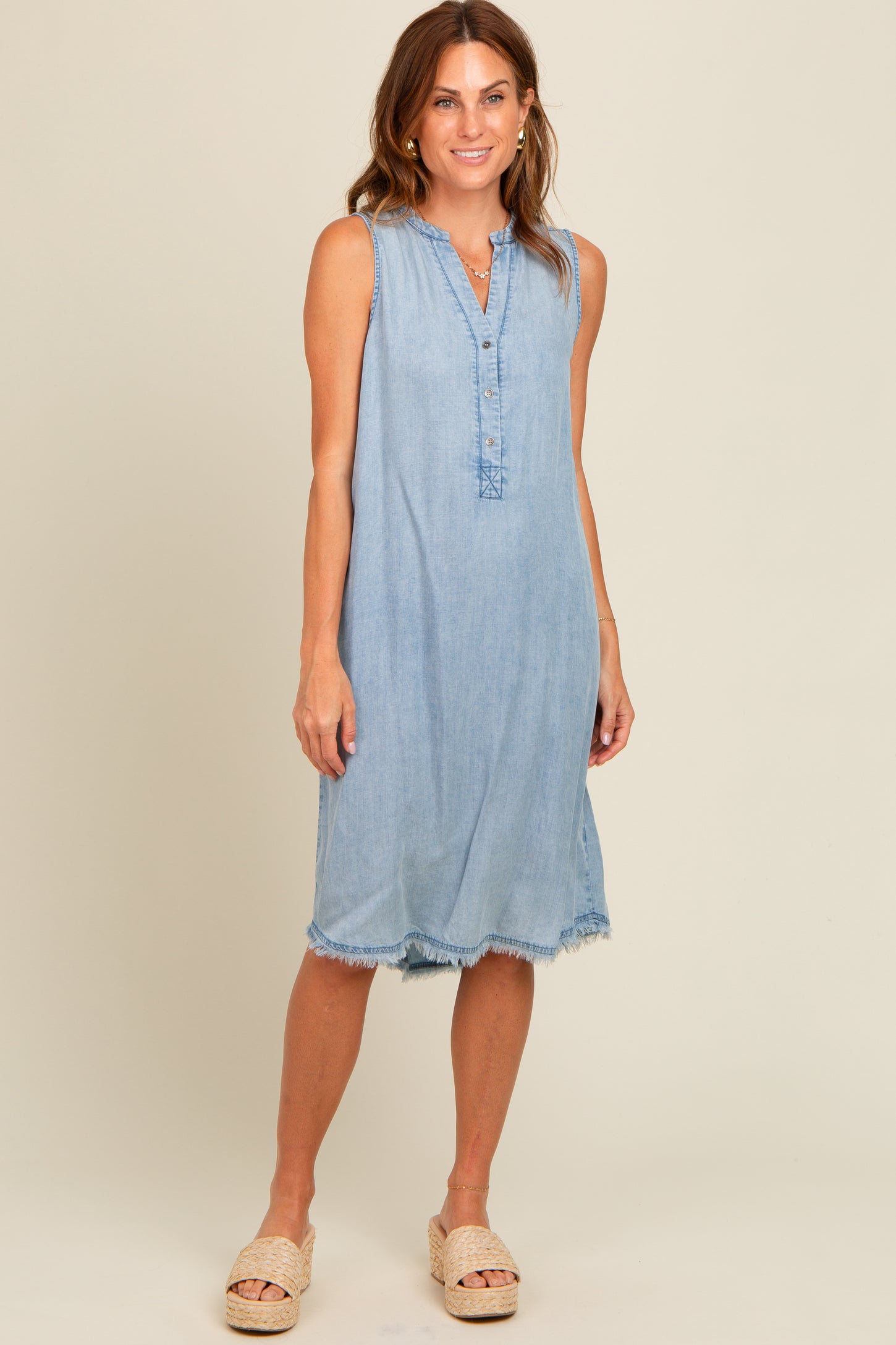 Light Blue Chambray Button Up Fringe Sleeveless Dress