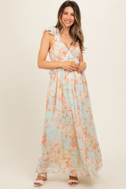Mint Green Floral Ruffle Accent Cutout Maternity Gown