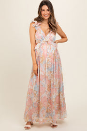 Light Pink Floral Ruffle Accent Cutout Maternity Gown