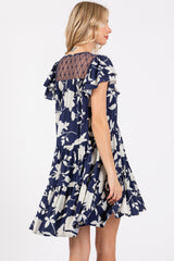 Navy Floral Ruffle Lace Dress