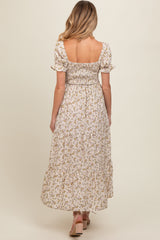 Cream Floral Smocked Square Neck Tiered Puff Short Sleeve Maternity Maxi Dress