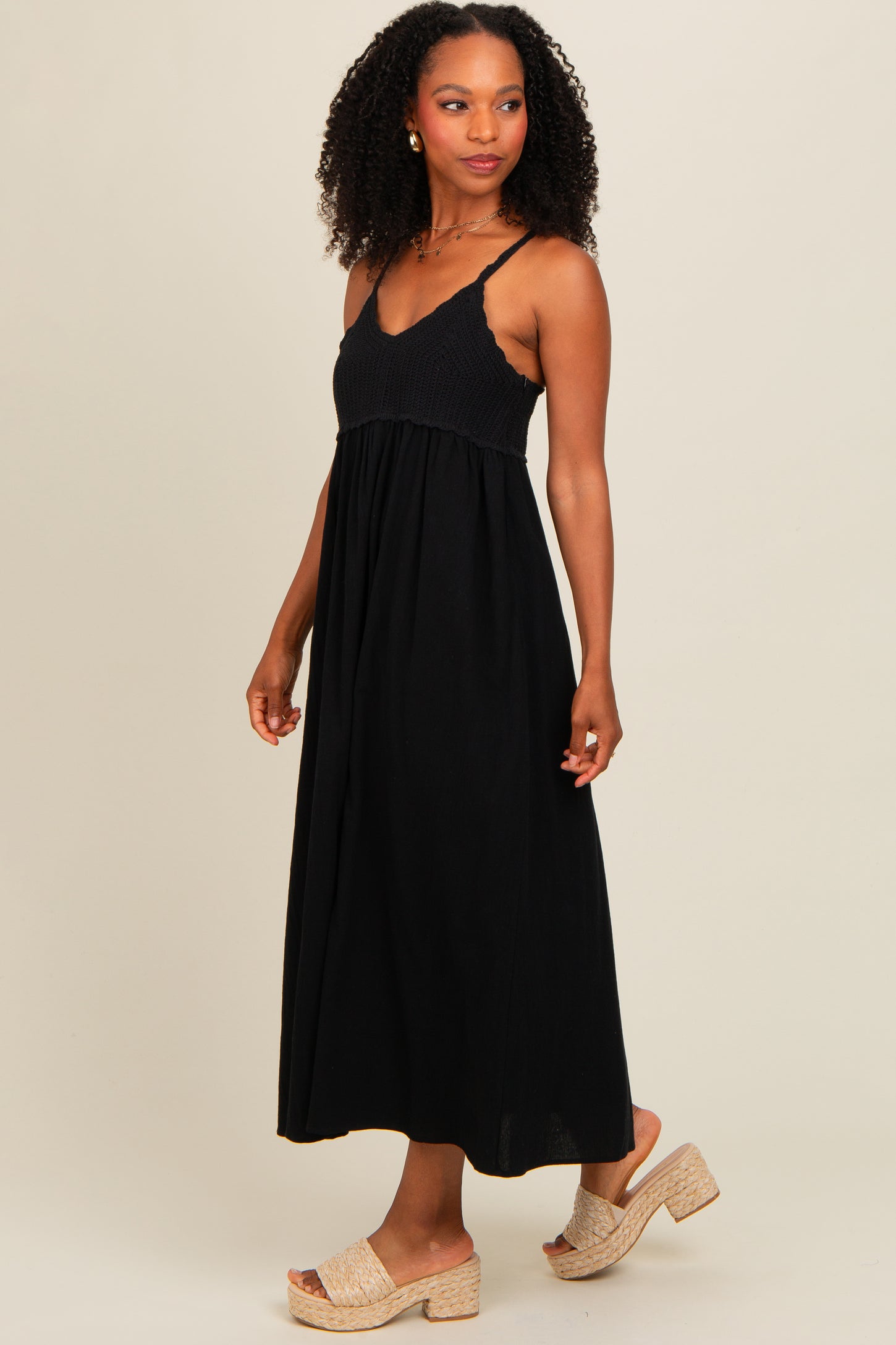 Black V-Neck Crochet Top Midi Dress